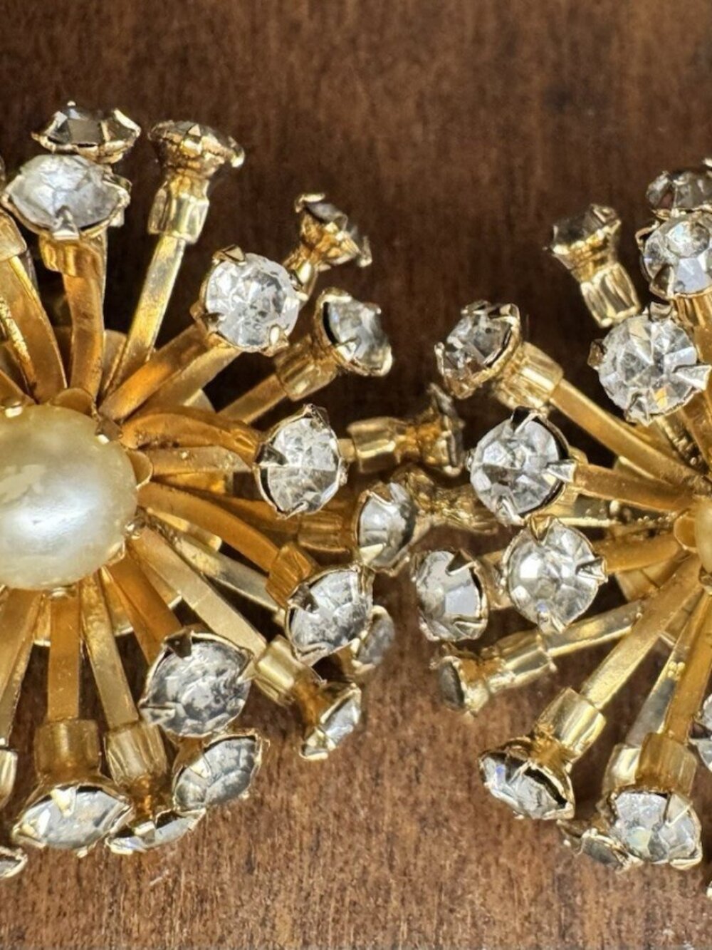 Vintage MCM Atomic Starburst Clip On Earrings Gold Tone Pearl Rhinestone 1950s